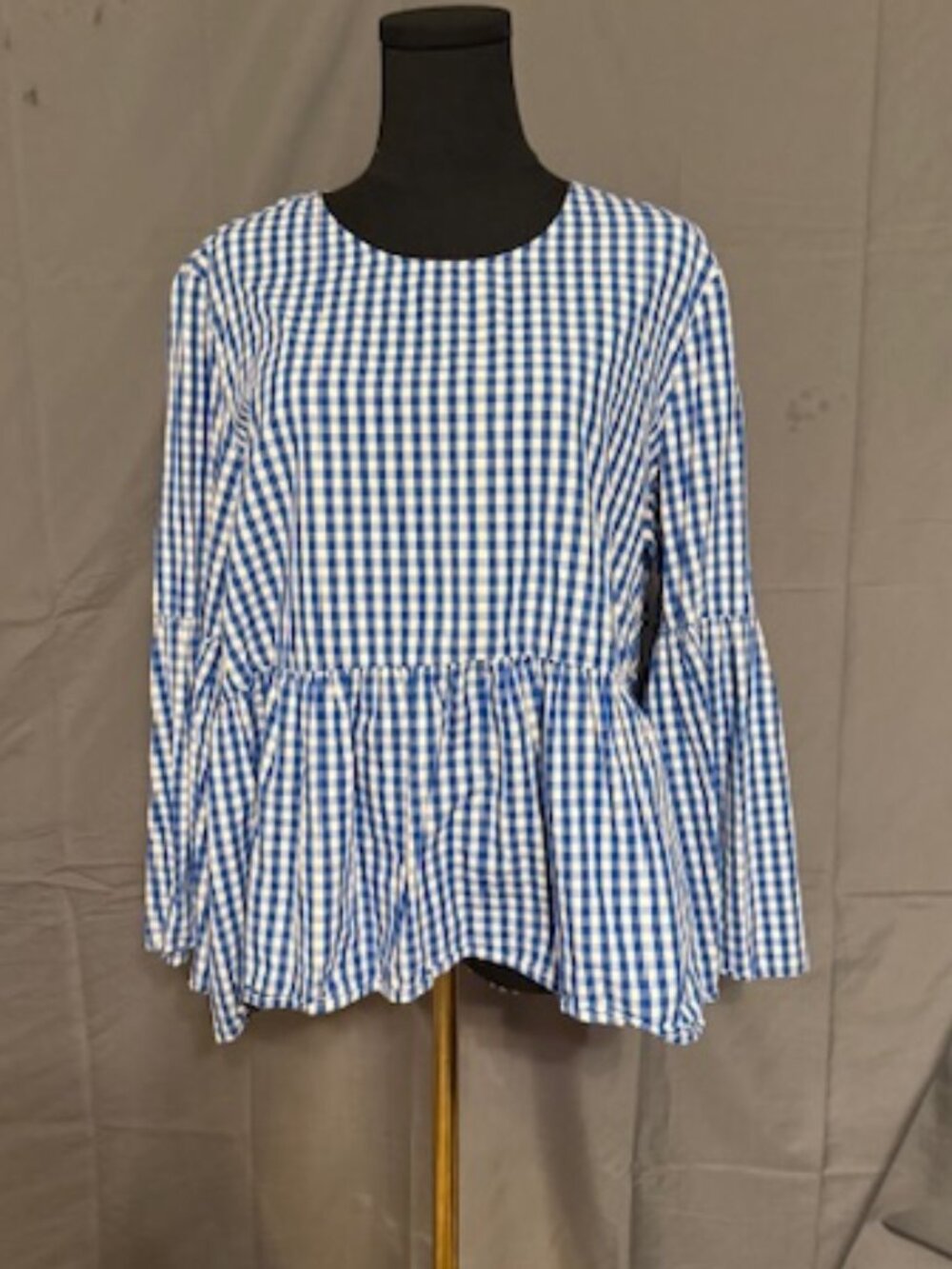 Who What Wear Blue and White Gingham Peplum Blouse